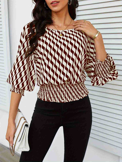 Wavy Print Blouse with Lantern Sleeves and Shirred Waist