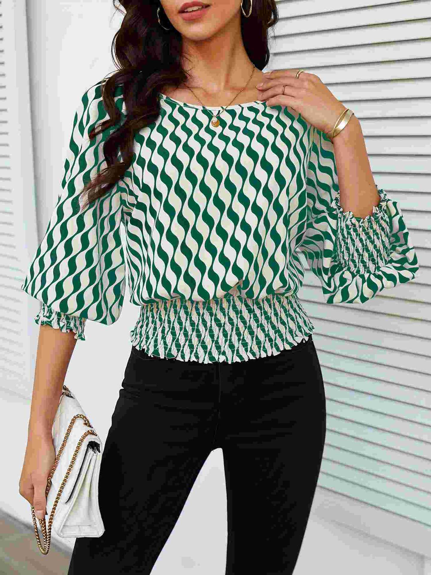 Wavy Print Blouse with Lantern Sleeves and Shirred Waist