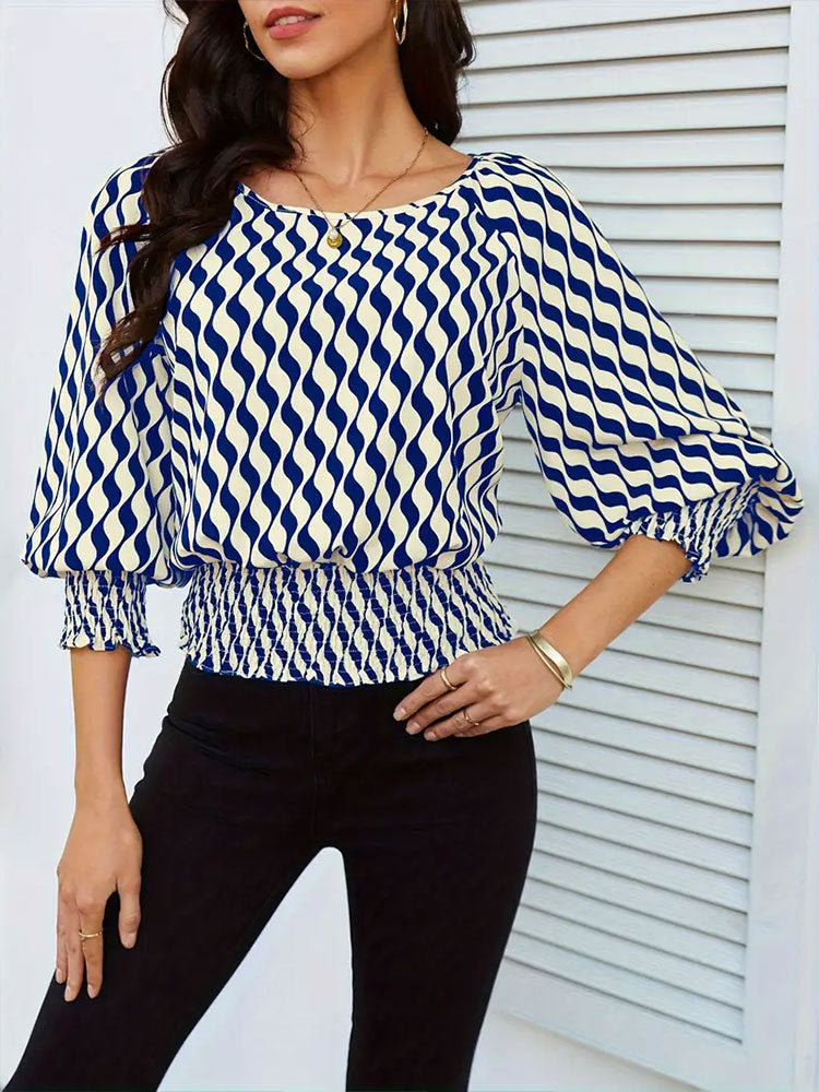 Wavy Print Blouse with Lantern Sleeves and Shirred Waist