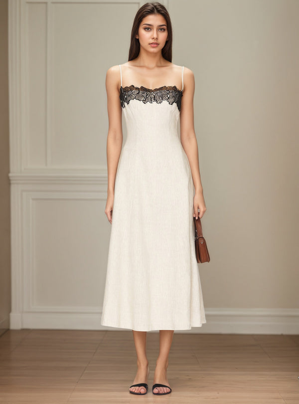 A-Line Midi Dress with Contrast Lace Bust and Spaghetti Straps