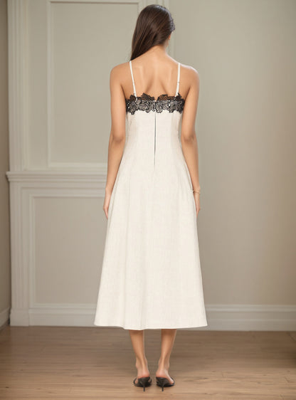 A-Line Midi Dress with Contrast Lace Bust and Spaghetti Straps