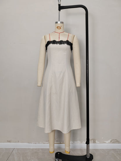 A-Line Midi Dress with Contrast Lace Bust and Spaghetti Straps