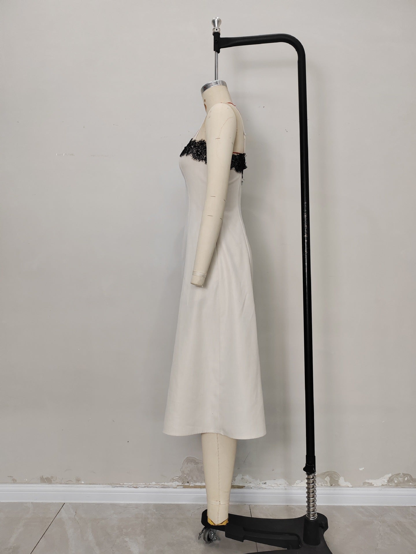 A-Line Midi Dress with Contrast Lace Bust and Spaghetti Straps