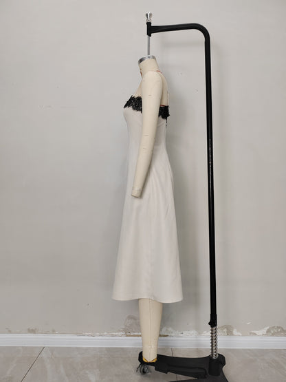 A-Line Midi Dress with Contrast Lace Bust and Spaghetti Straps