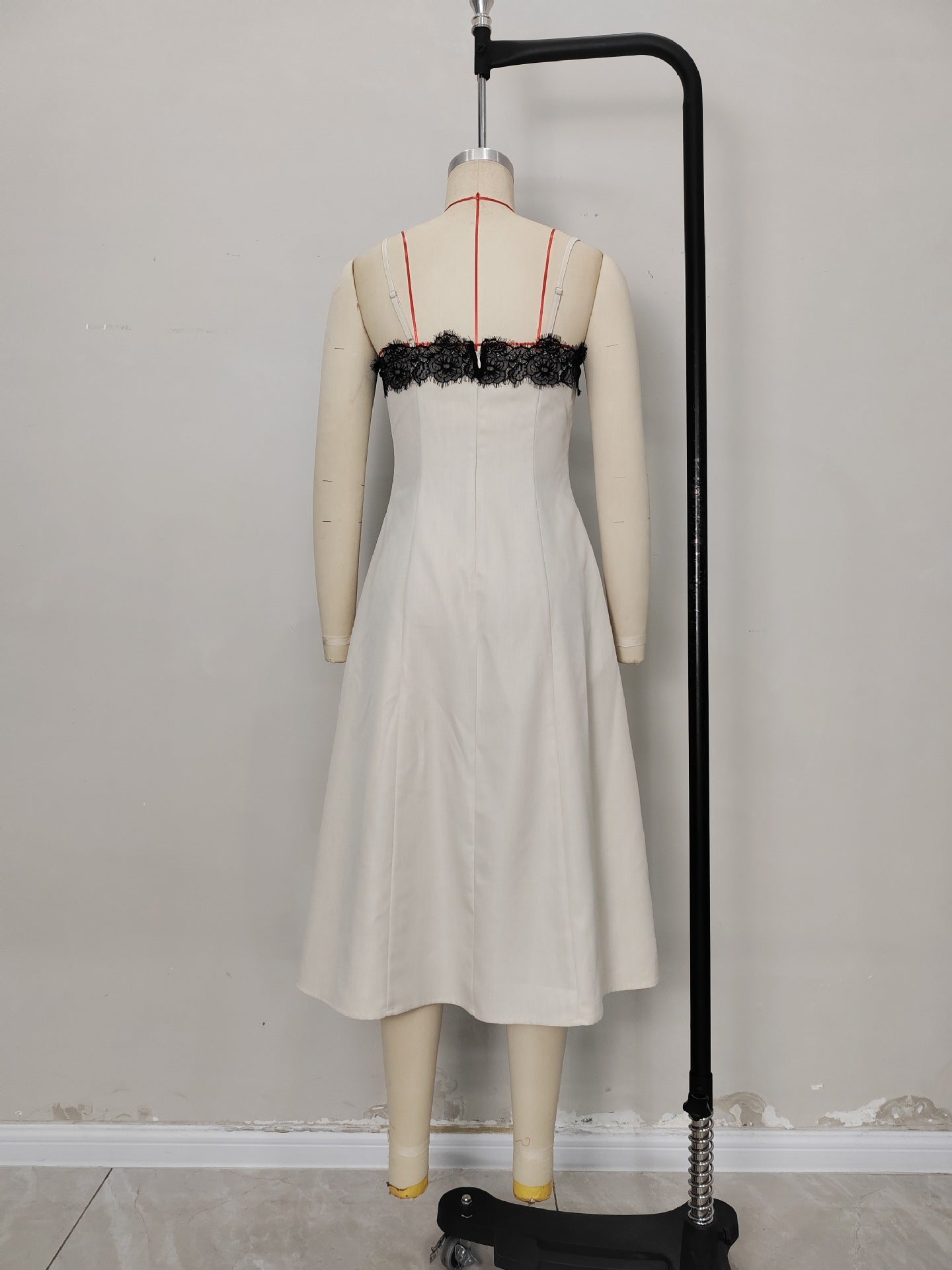 A-Line Midi Dress with Contrast Lace Bust and Spaghetti Straps