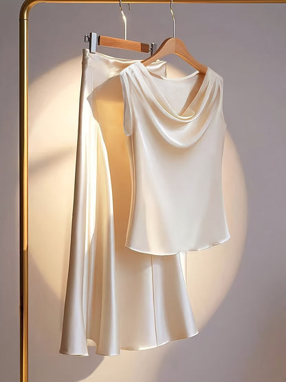 Satin Cowl Neck Top & Midi Skirt Set