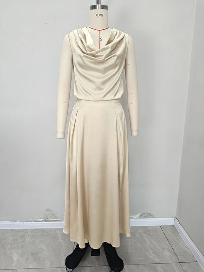 Satin Cowl Neck Top & Midi Skirt Set
