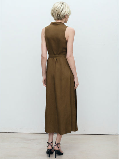Solid Sleeveless Midi Shirt Dress with Lapel Collar and Belt