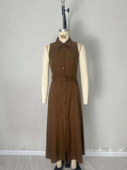 Solid Sleeveless Midi Shirt Dress with Lapel Collar and Belt