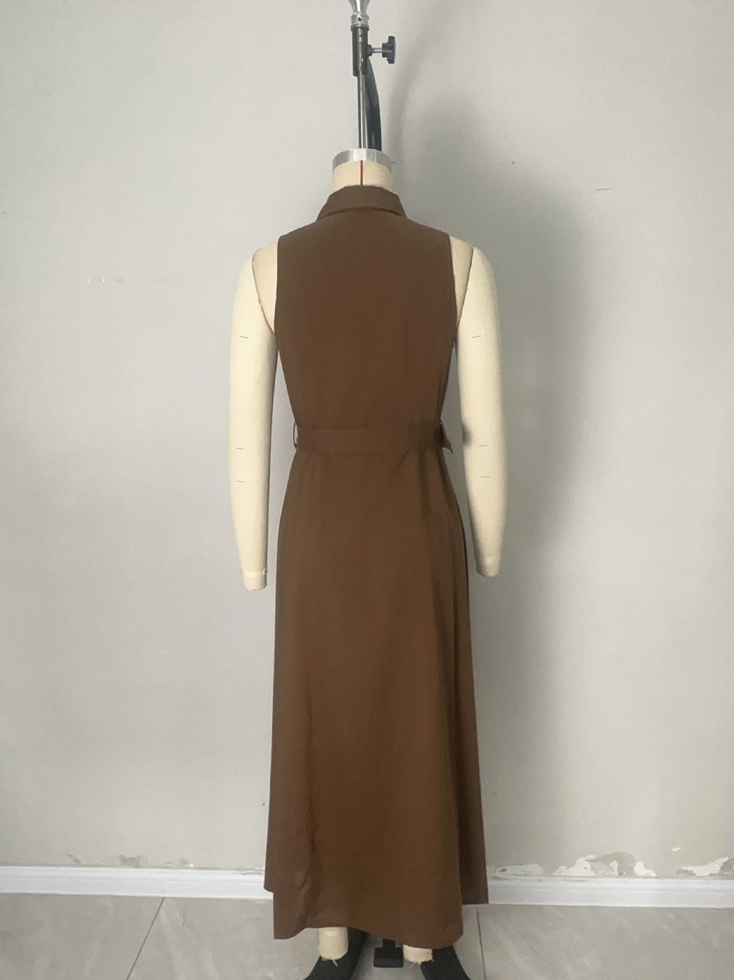 Solid Sleeveless Midi Shirt Dress with Lapel Collar and Belt
