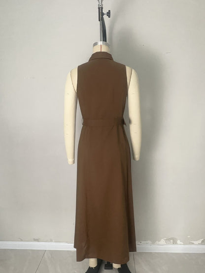 Solid Sleeveless Midi Shirt Dress with Lapel Collar and Belt