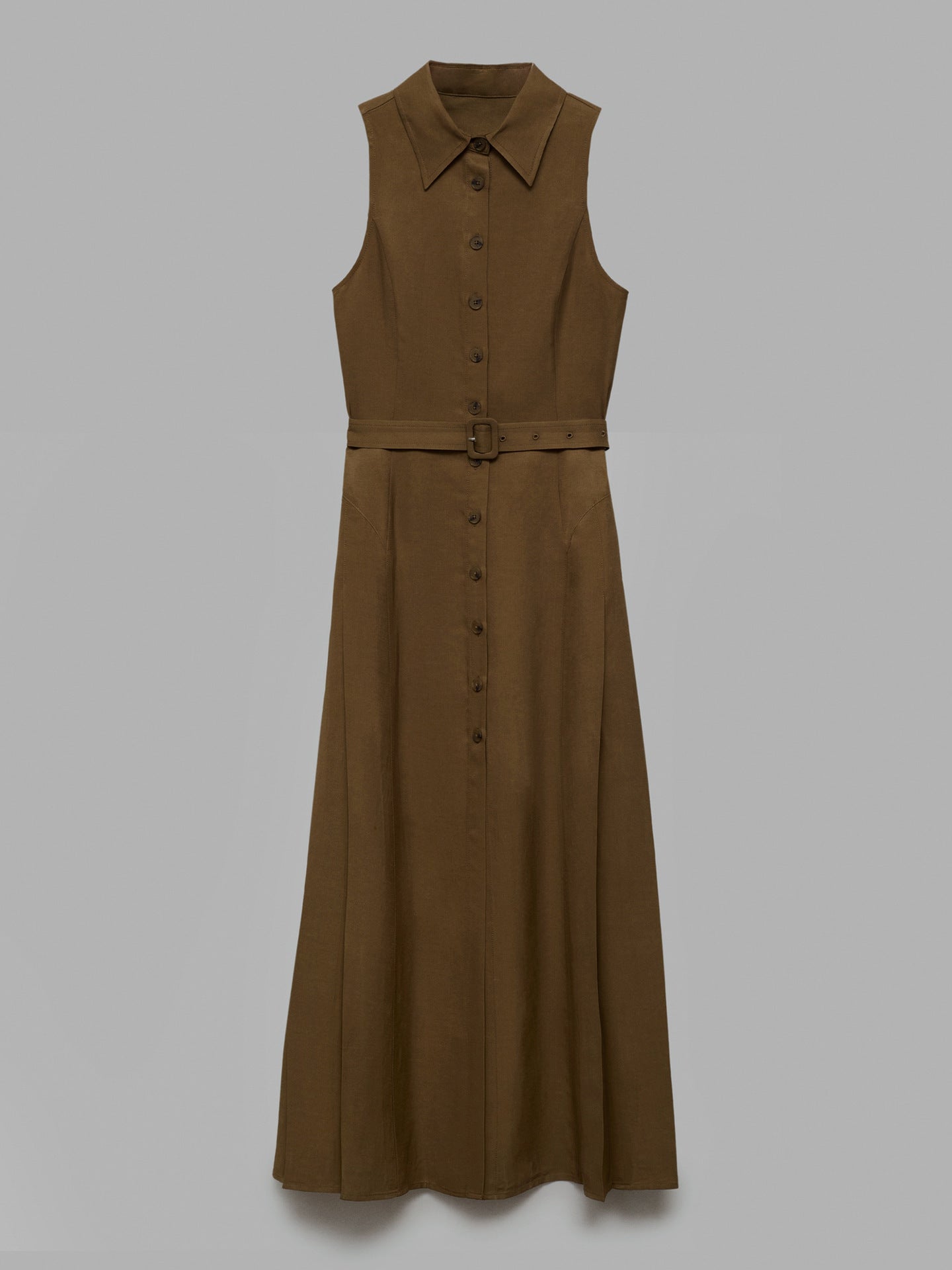 Solid Sleeveless Midi Shirt Dress with Lapel Collar and Belt