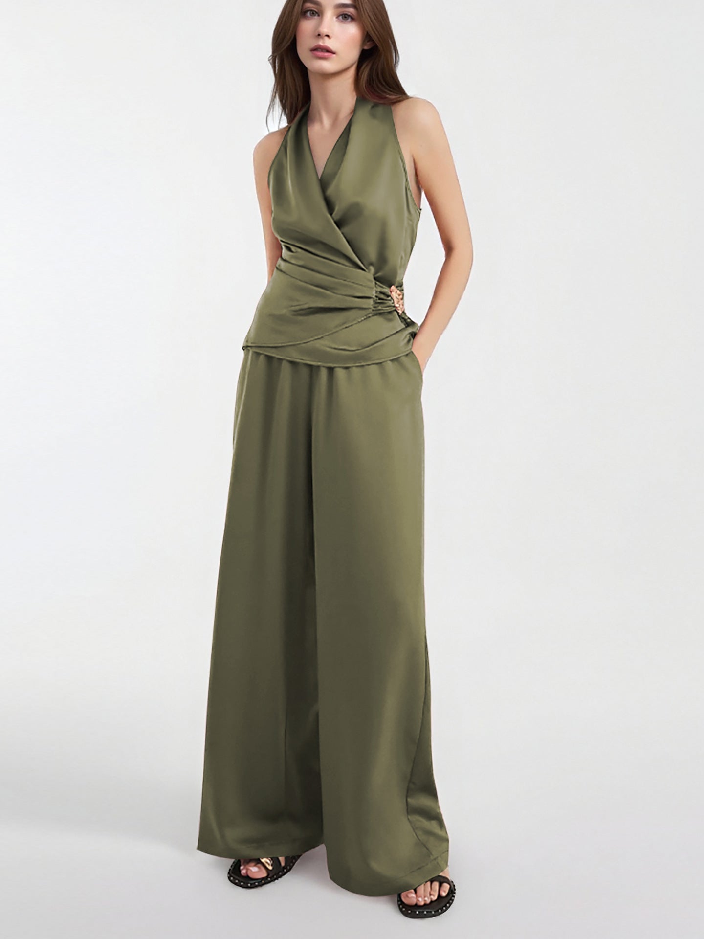 Draped Halter Wrap Pantsuit with Wide Legs