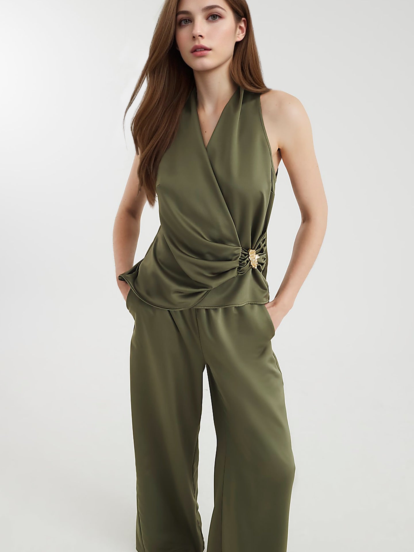 Draped Halter Wrap Pantsuit with Wide Legs
