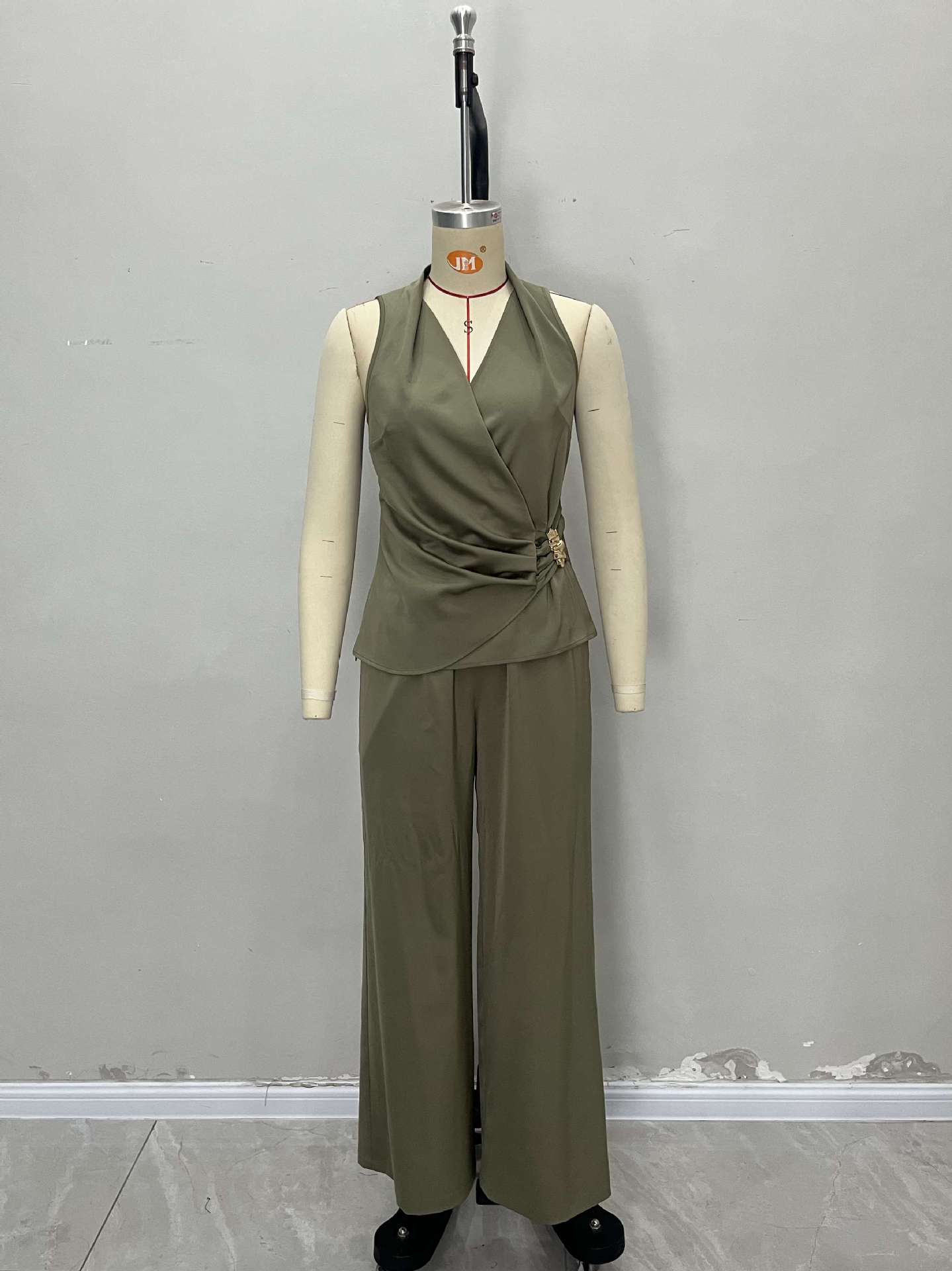 Draped Halter Wrap Pantsuit with Wide Legs