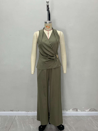 Draped Halter Wrap Pantsuit with Wide Legs