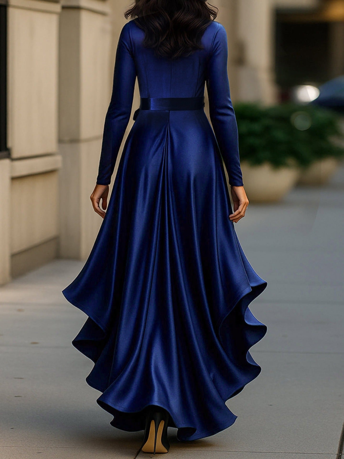 Satin Wrap Evening Dress with Deep V-Neck and High-Low Hem