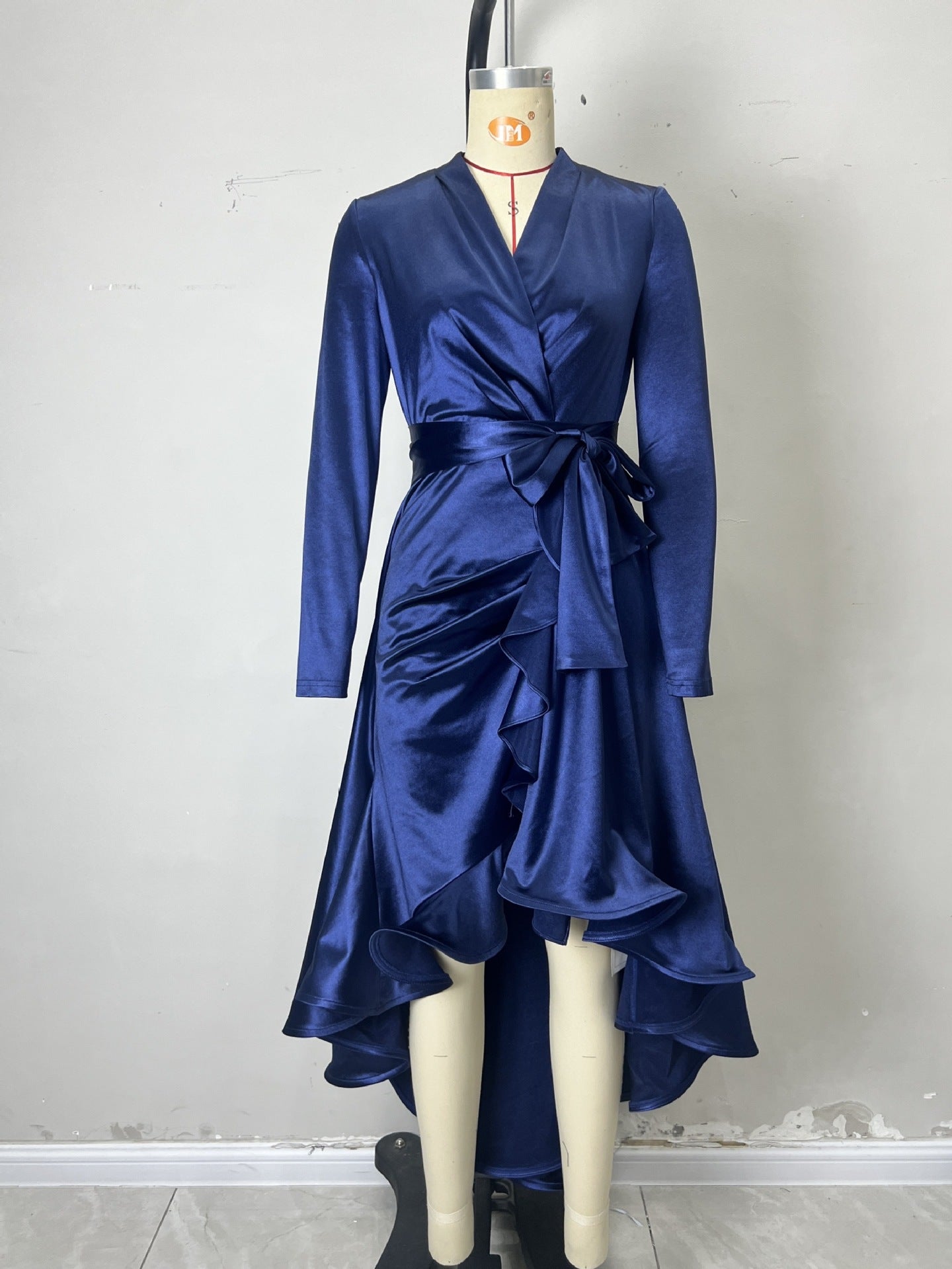 Satin Wrap Evening Dress with Deep V-Neck and High-Low Hem
