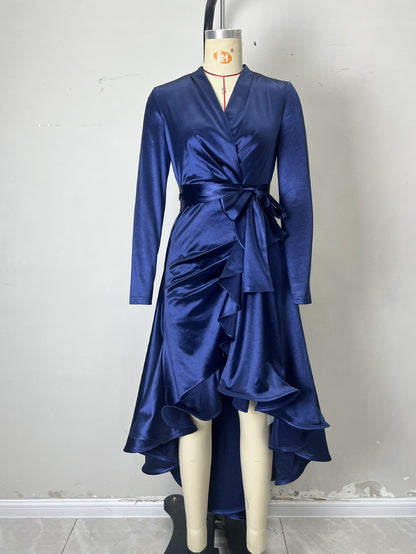 Satin Wrap Evening Dress with Deep V-Neck and High-Low Hem