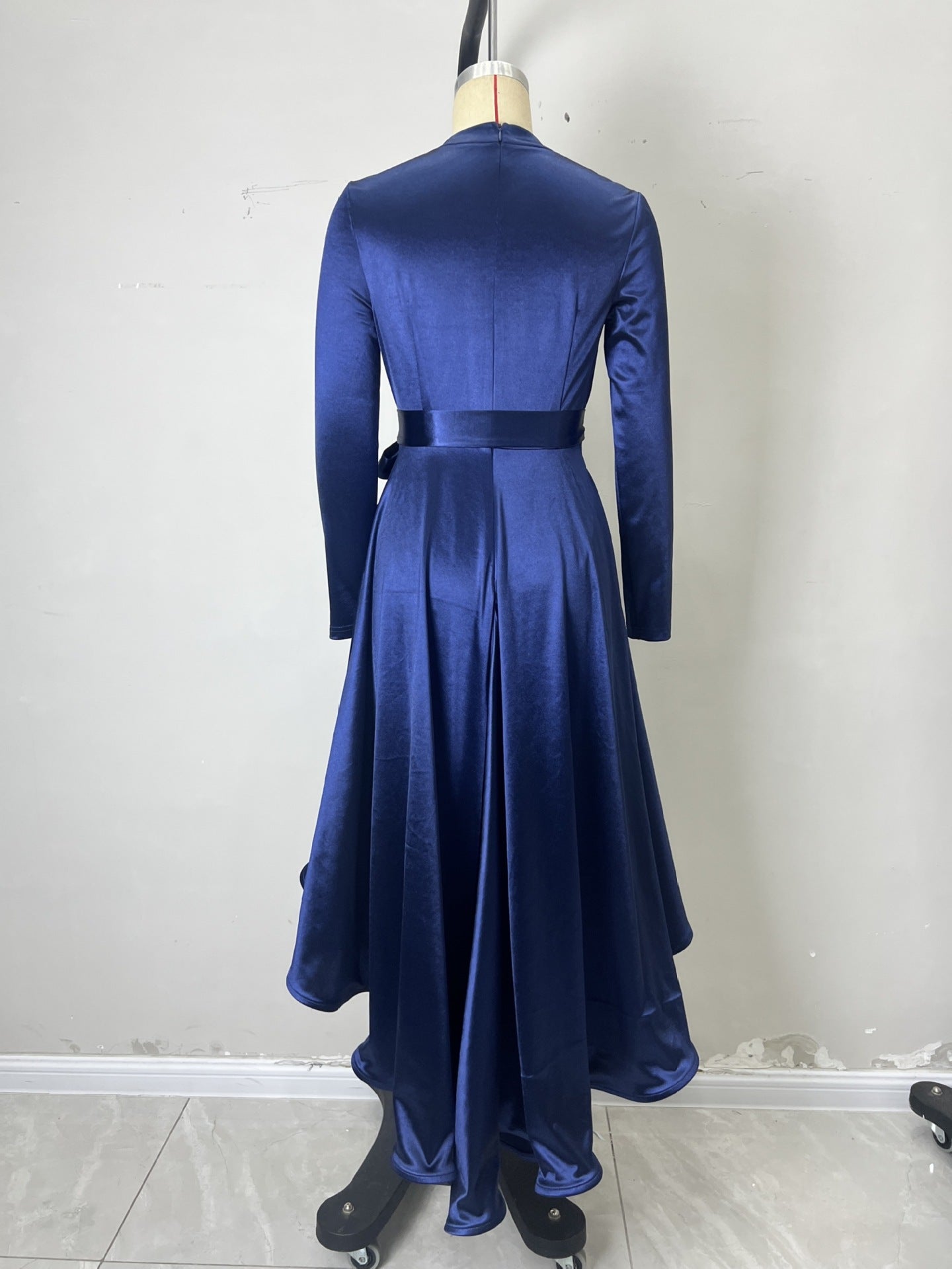 Satin Wrap Evening Dress with Deep V-Neck and High-Low Hem