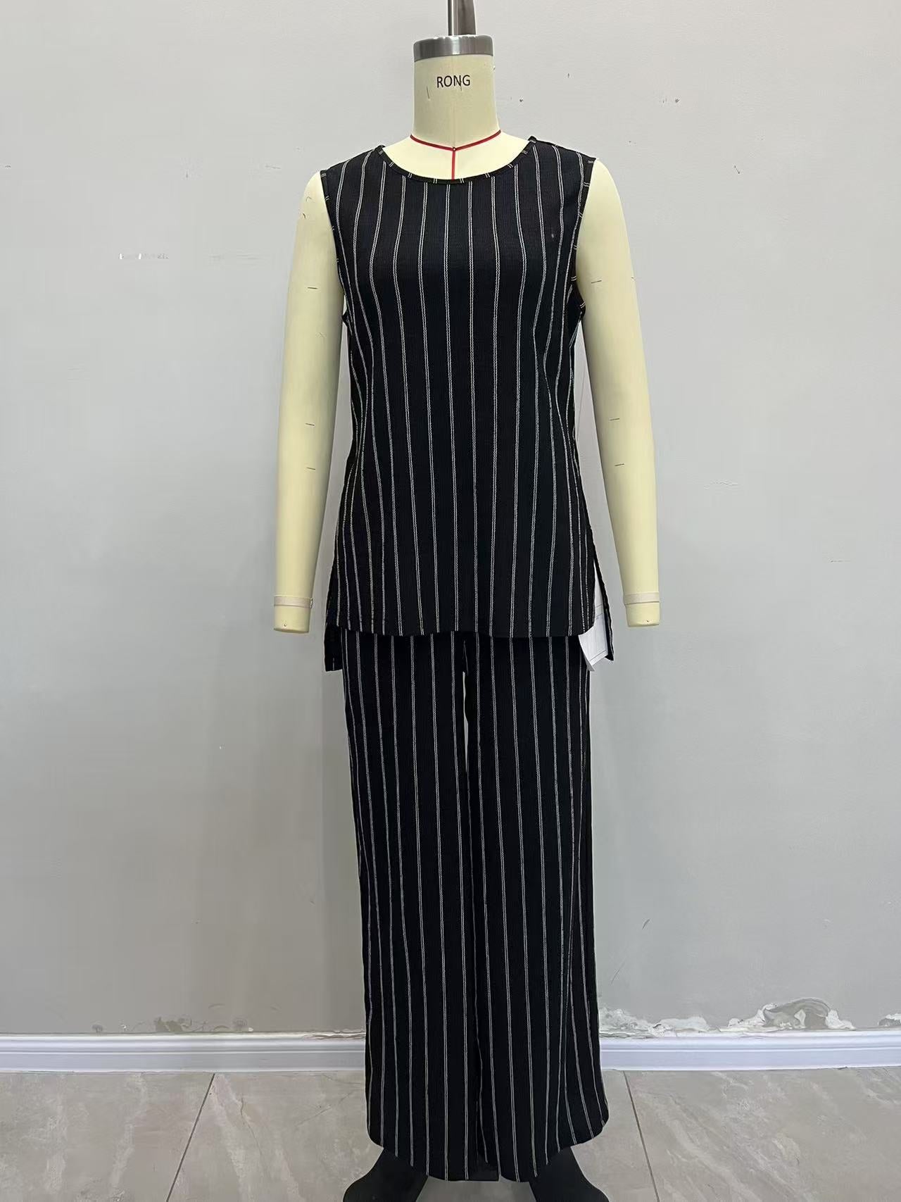 Striped Two-Piece Set with Sleeveless Vest and Wide-Leg Trousers