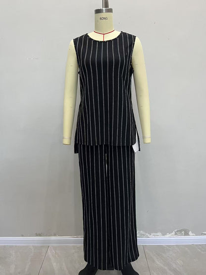 Striped Two-Piece Set with Sleeveless Vest and Wide-Leg Trousers