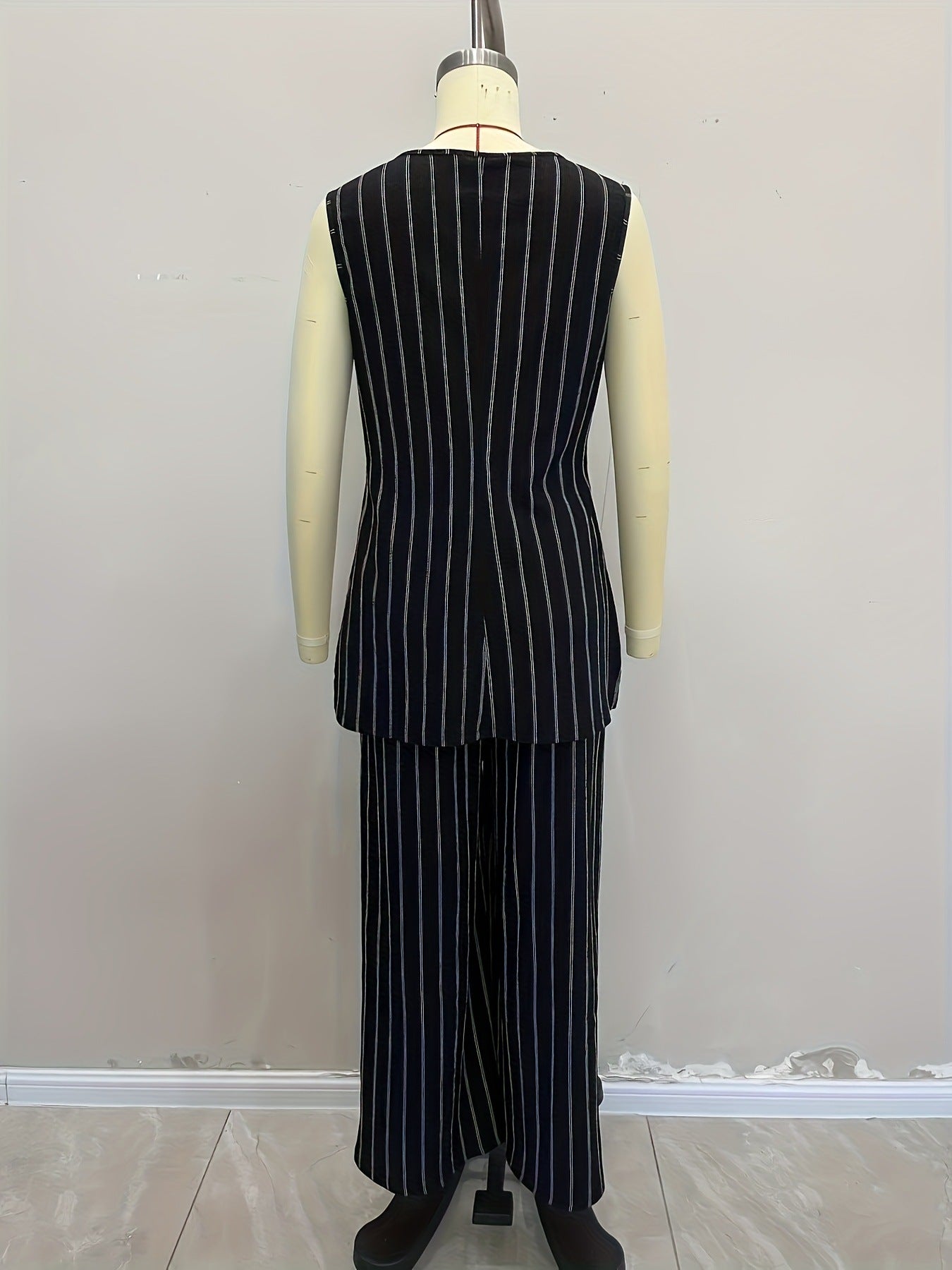 Striped Two-Piece Set with Sleeveless Vest and Wide-Leg Trousers