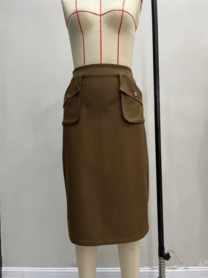 Pencil Midi Skirt with Elastic Waist and Flap Pockets