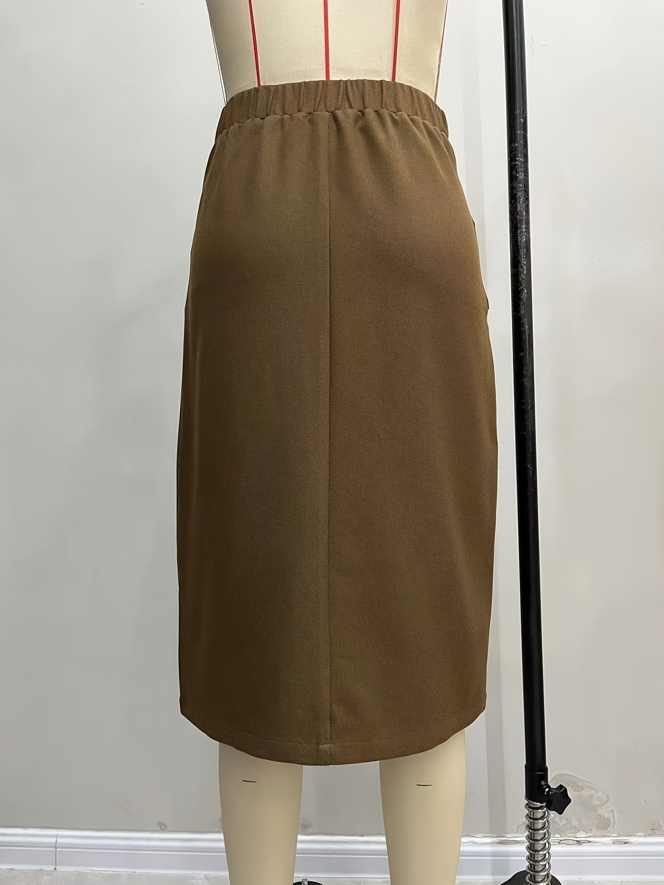 Pencil Midi Skirt with Elastic Waist and Flap Pockets