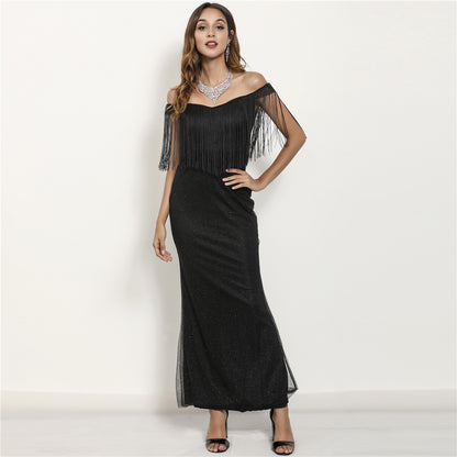 Sequined Mermaid Maxi Dress with Off-Shoulder Tassels