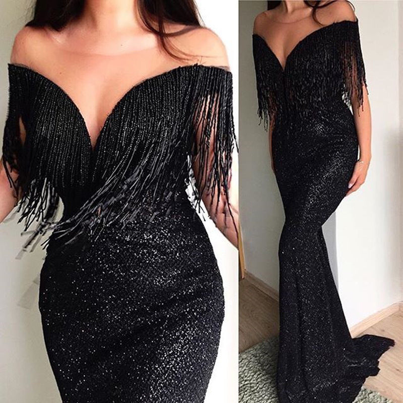 Sequined Mermaid Maxi Dress with Off-Shoulder Tassels