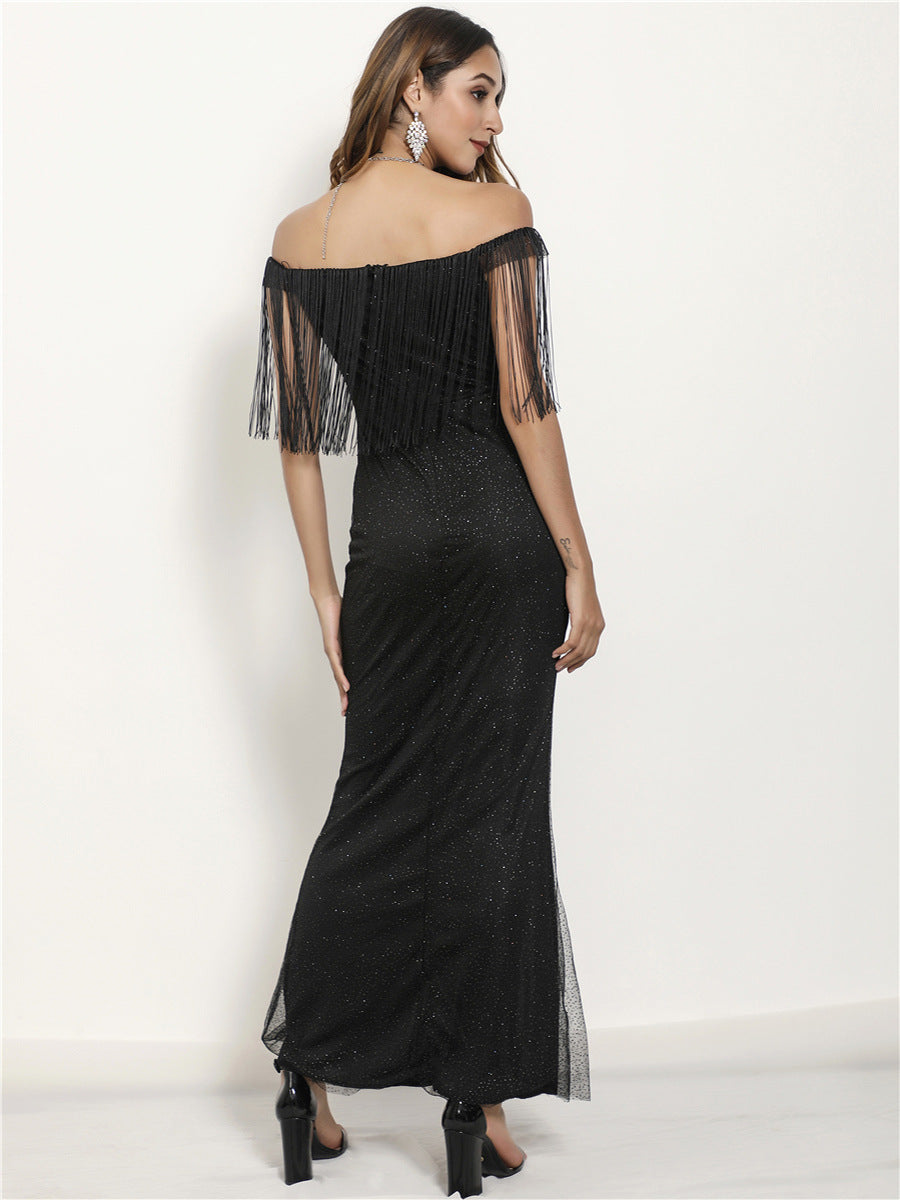 Sequined Mermaid Maxi Dress with Off-Shoulder Tassels