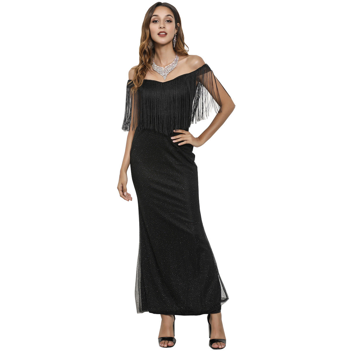 Sequined Mermaid Maxi Dress with Off-Shoulder Tassels