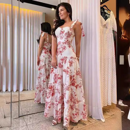 Floral Print Tiered Maxi Dress with Tie-Shoulder Straps