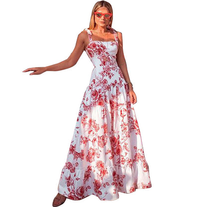 Floral Print Tiered Maxi Dress with Tie-Shoulder Straps
