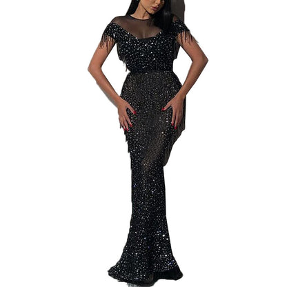 Sequined Maxi Dress with Fringe Detail and Sheer Yoke