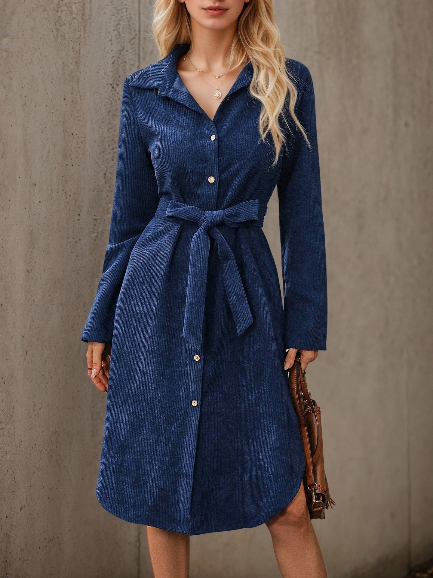 Corduroy Shirt Dress with Belted Waist and High-Low Hem