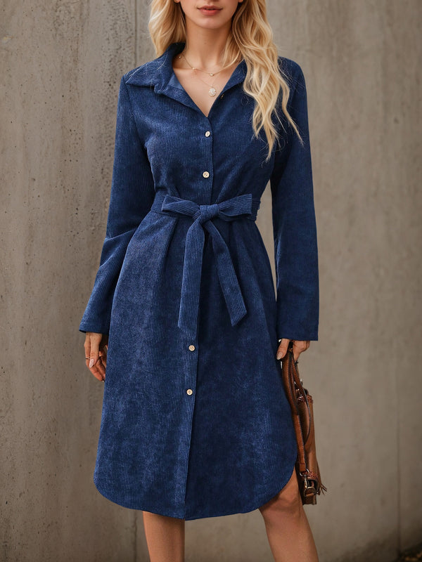 Corduroy Shirt Dress with Belted Waist and High-Low Hem