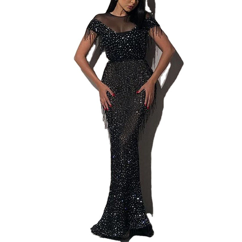 Sequined Maxi Dress with Fringe Detail and Sheer Yoke