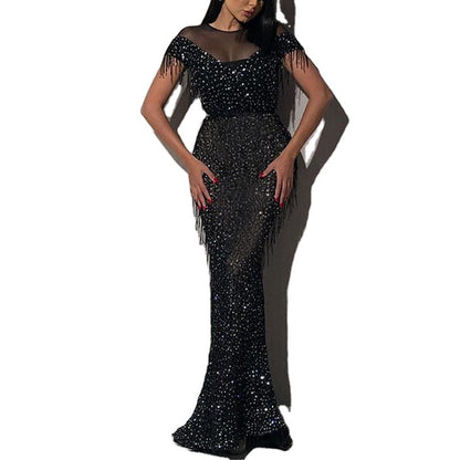 Sequined Maxi Dress with Fringe Detail and Sheer Yoke