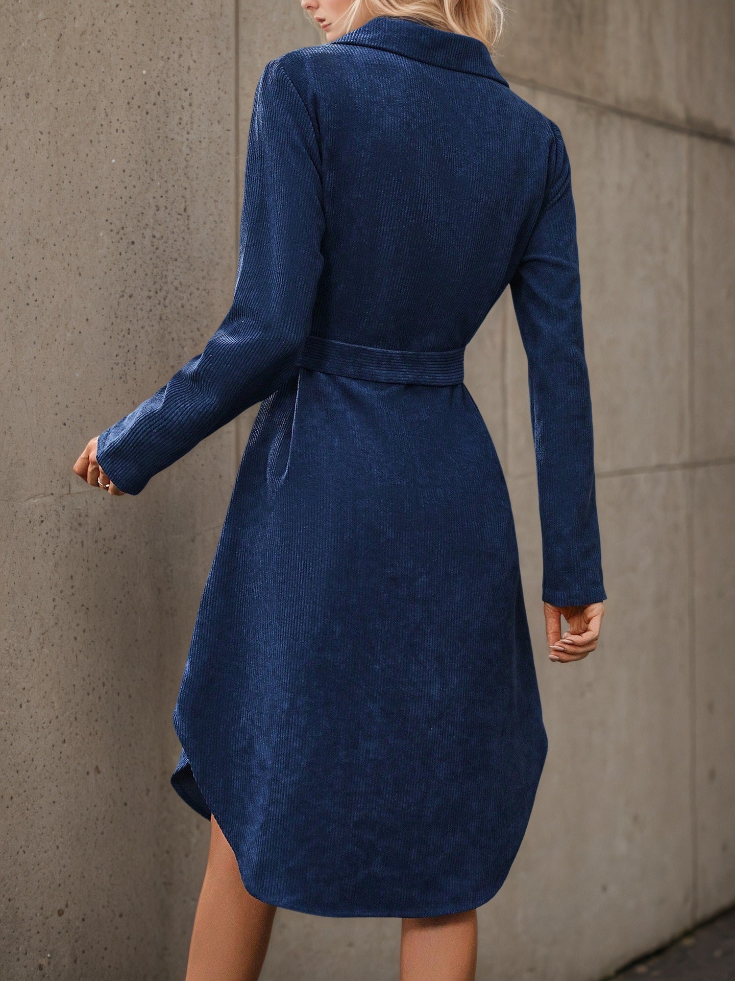 Corduroy Shirt Dress with Belted Waist and High-Low Hem