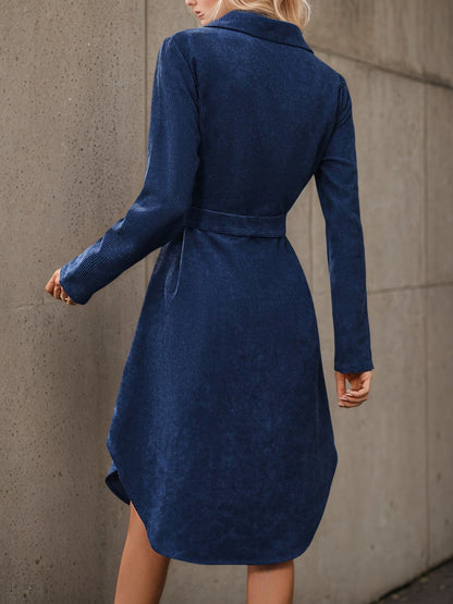 Corduroy Shirt Dress with Belted Waist and High-Low Hem