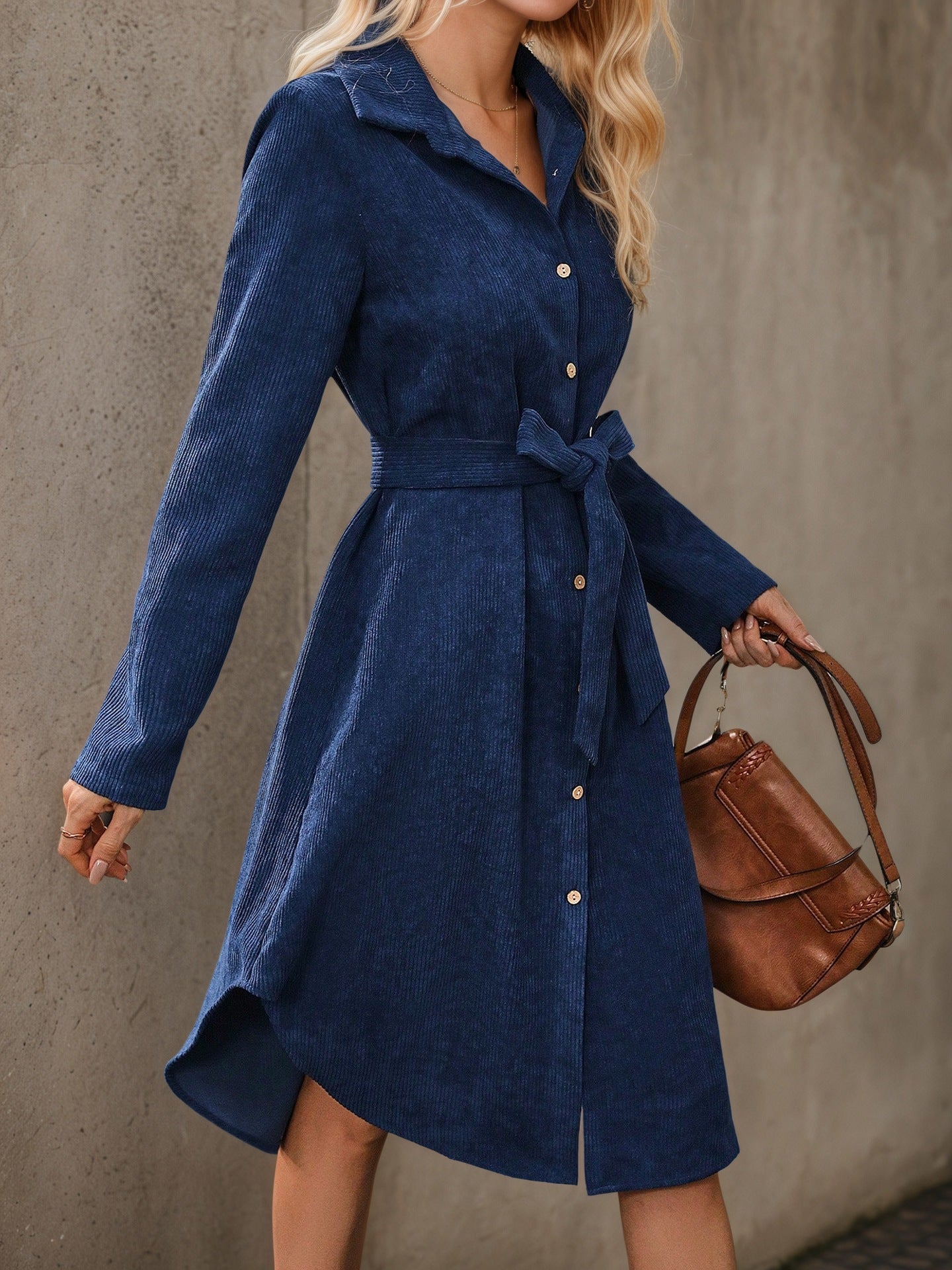 Corduroy Shirt Dress with Belted Waist and High-Low Hem