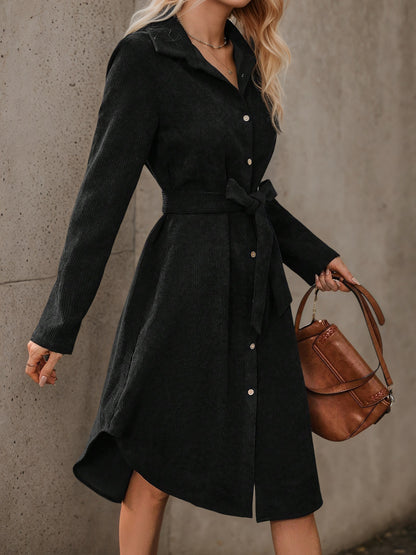 Corduroy Shirt Dress with Belted Waist and High-Low Hem