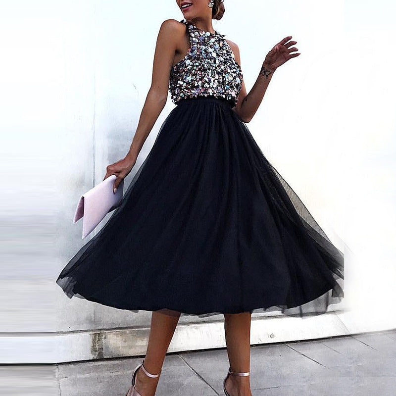 Sleeveless Beaded Top A-Line Tulle Midi Dress