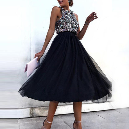 Sleeveless Beaded Top A-Line Tulle Midi Dress