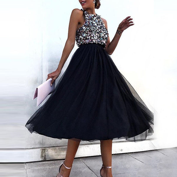 Sleeveless Beaded Top A-Line Tulle Midi Dress