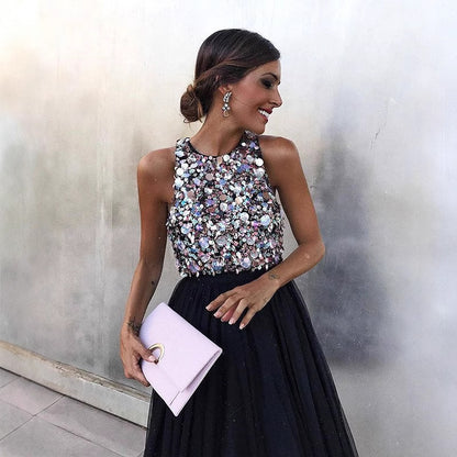 Sleeveless Beaded Top A-Line Tulle Midi Dress