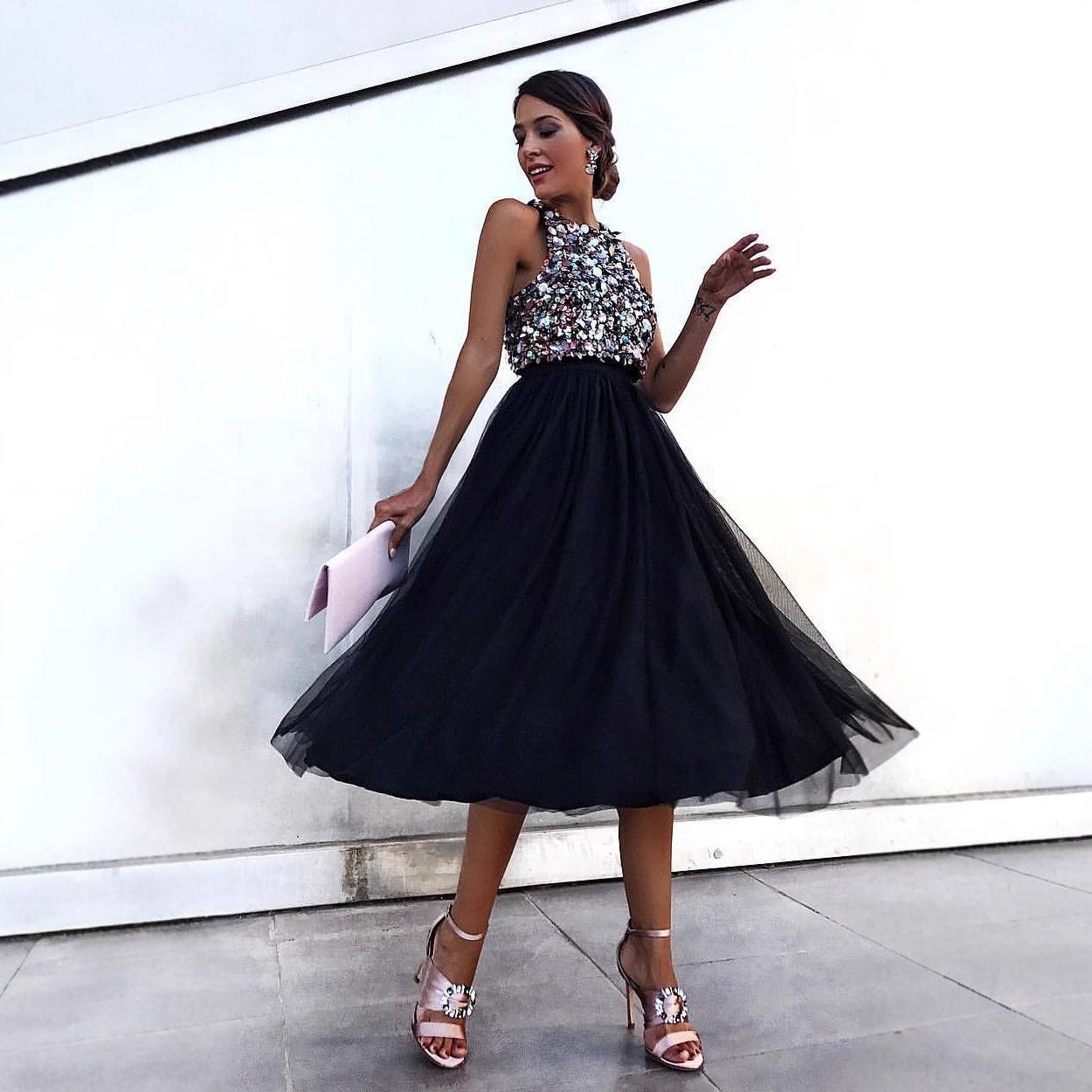 Sleeveless Beaded Top A-Line Tulle Midi Dress