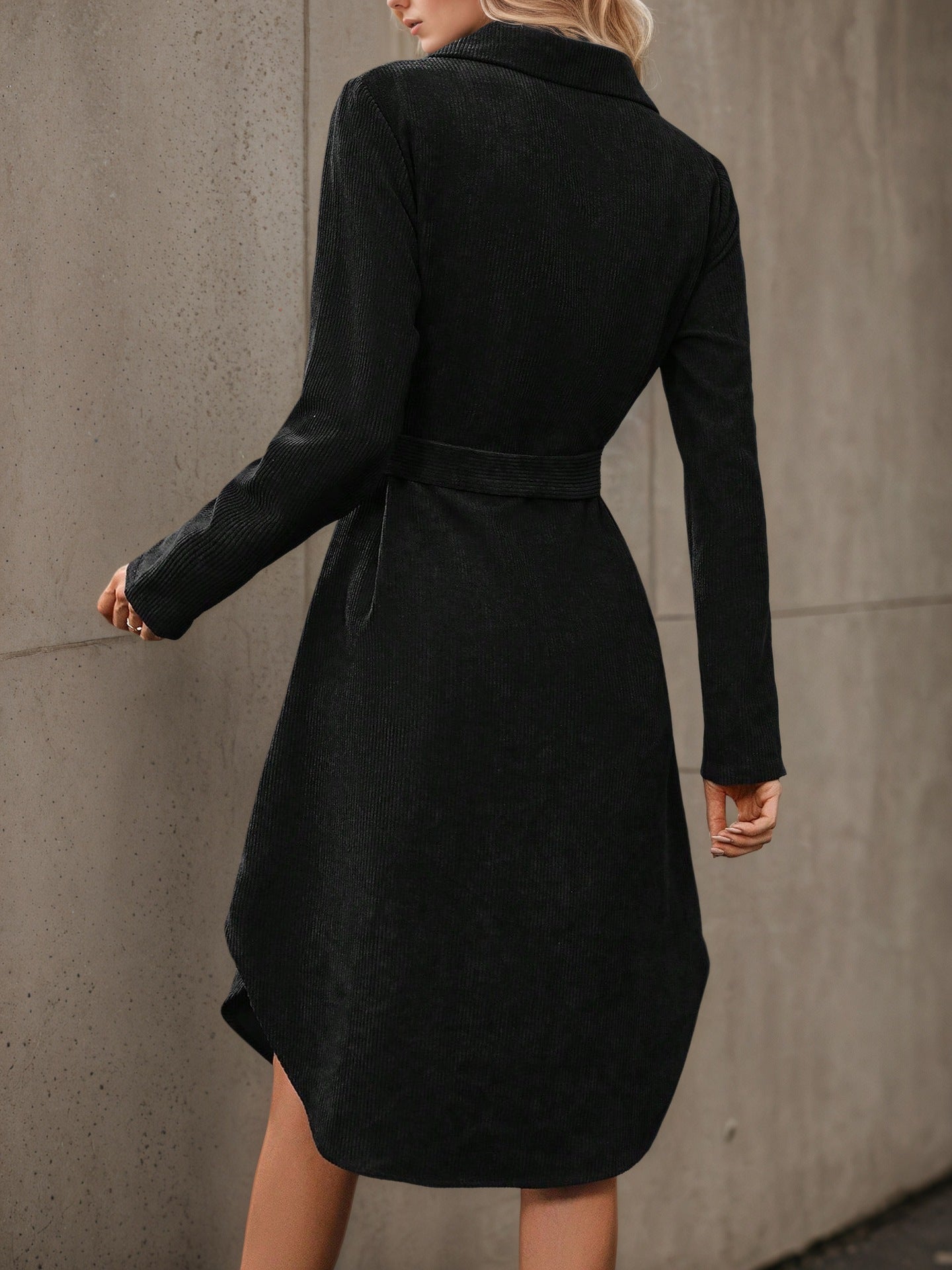 Corduroy Shirt Dress with Belted Waist and High-Low Hem